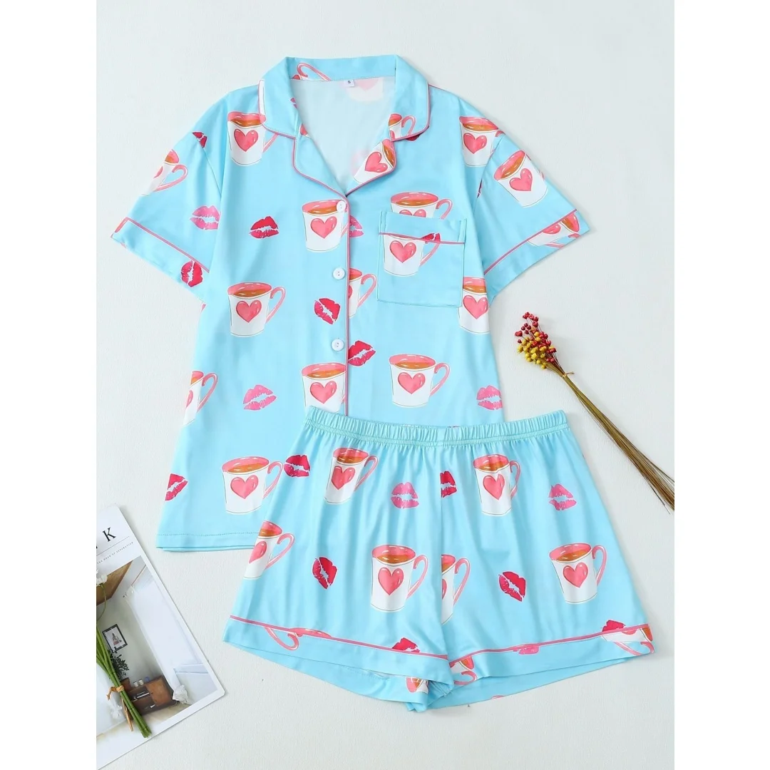 

Летний женский пижамный комплект с принтом синих сердечек и кружек, с отложным воротником, короткими рукавами и шортами, для дома, отпуска, в качестве пасхального подарка