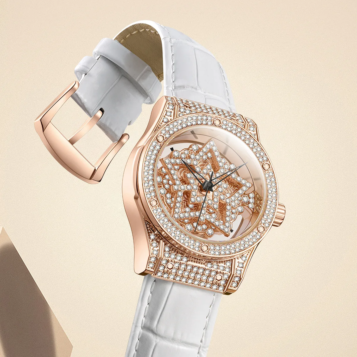 Mark Fairwhale Rotation Hollow Diamond Ladies Watch - Waterproof Leather Strap Luxury Wristwatch Elegant Fashion for Women