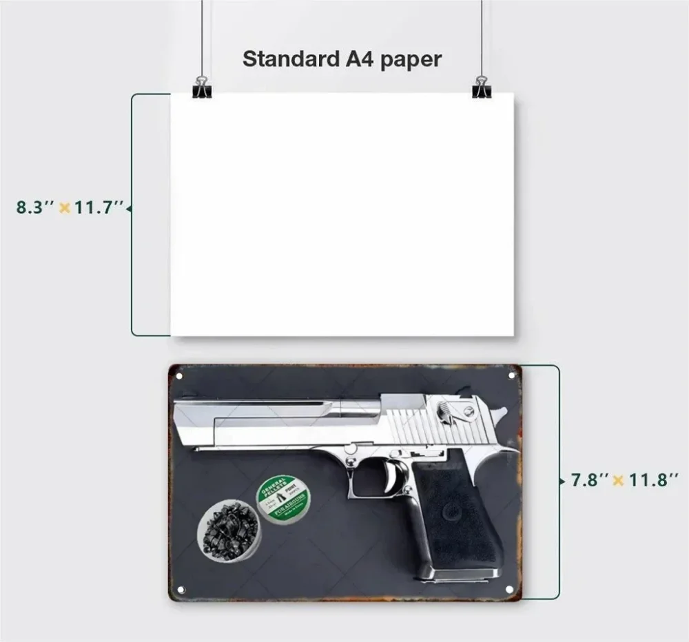 علامة اللوحة القصدير مسدس HD. طراز عتيق، مثالي للمنزل والبار والنادي. يضيف سحرًا إلى ديكور الحائط.