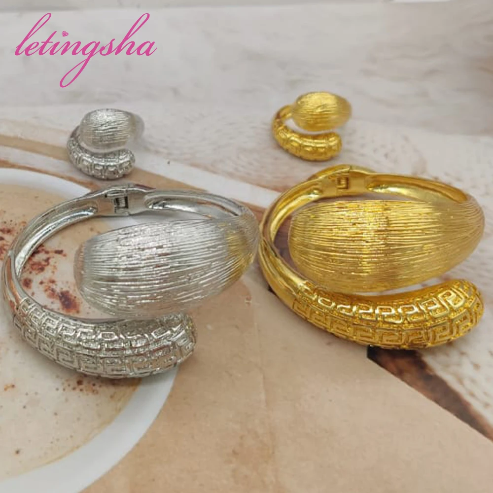 Nigerian 18K Gold Plated Bangle For Women Ring Colorful Jewelry Bracelet Wedding Party Gift Dubai Hollow Out Design Bracelet
