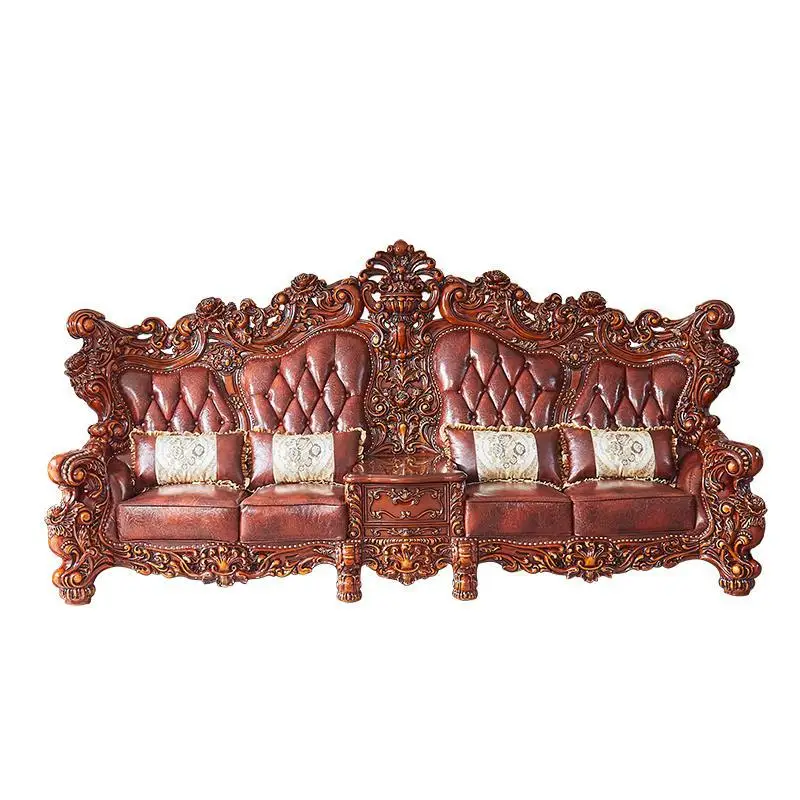 European high-end full solid wood carving flower luxury first layer leather 124 sofa living room