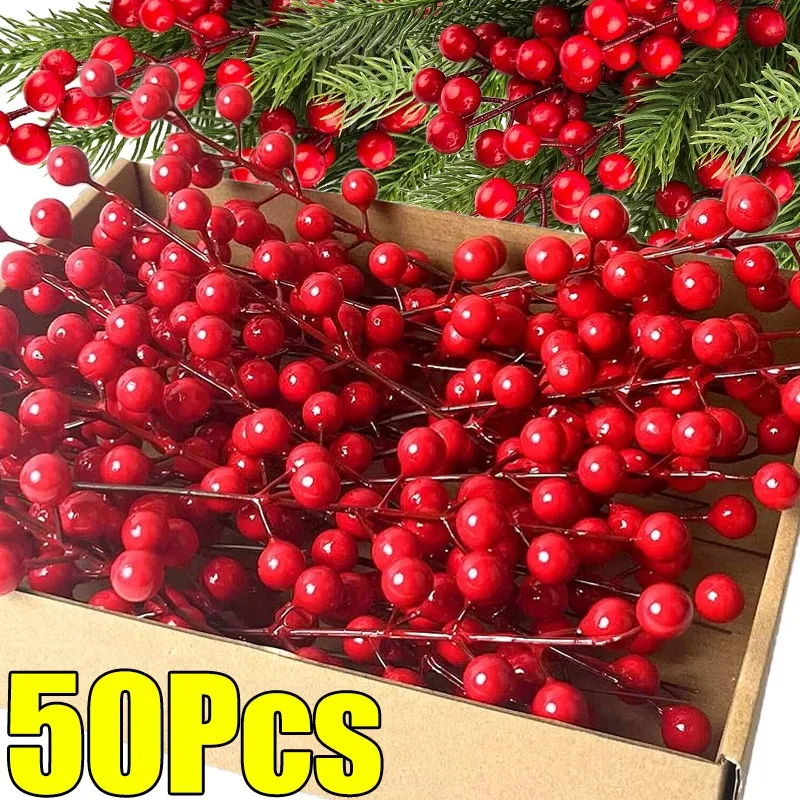 1-50Pcs Artificial Berries Christmas Decoration Red Berry Branches 12/14 Head Berries Stems Bouquet DIY Xmas Tree Wreath Decor