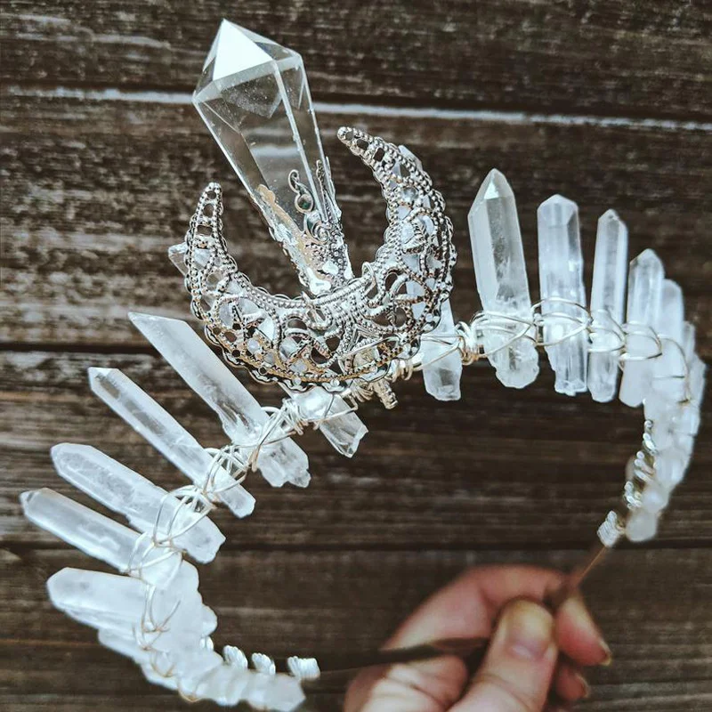 Raw Crystal Tiara Crown Headband Princess Moon Goddess Bridal Wedding Hair Band Witch Costume Headpiece for Women Girls