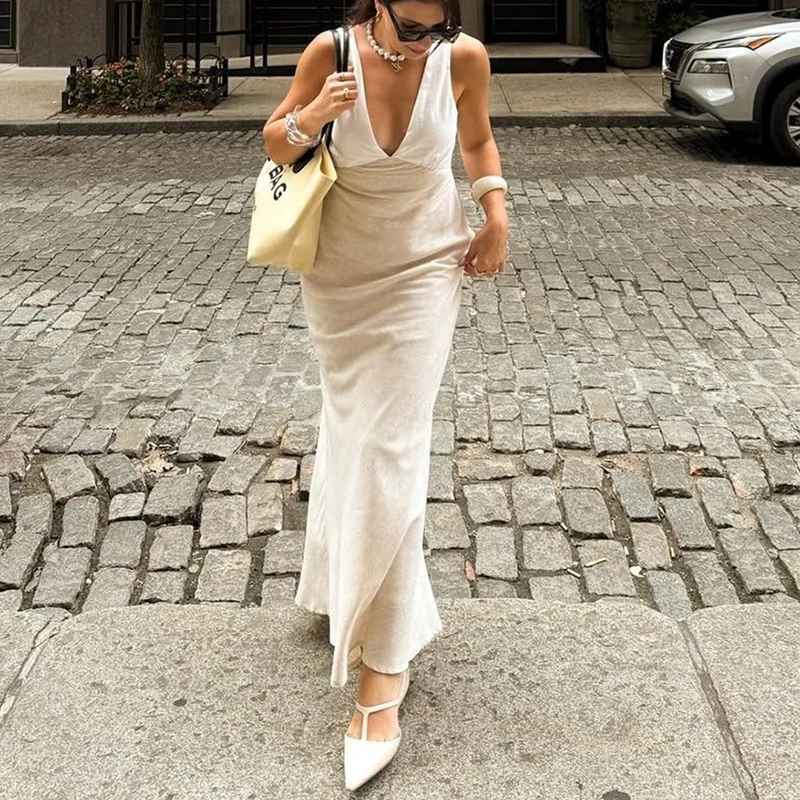 Tornova 2026 Summer New Vacation Long Dress Women Slim V neck Sleeveless Lace Up Dress Solid Casual Sexy Plunge Dress High Waist