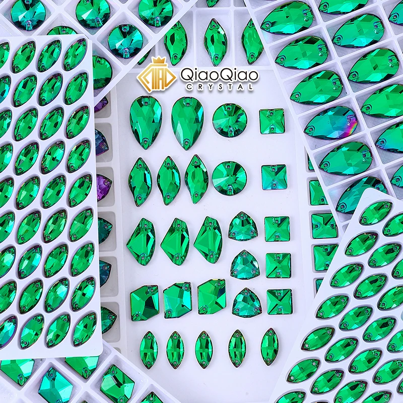 

QIAO Green Volcano Sew On Rhinestones Flatback Crystal Applique DIY, Top Quality Glass Sewing for Bags,Garment Decoration