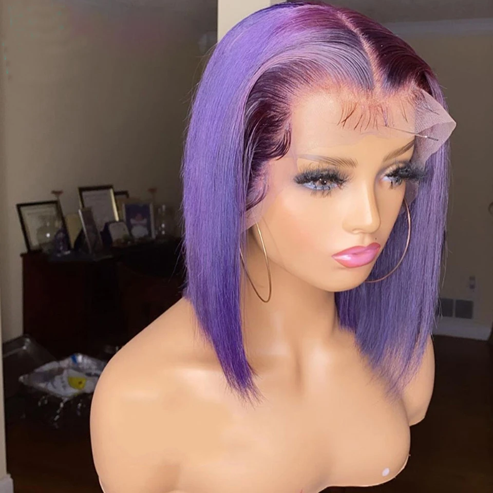 Soft Glueless Dirty Purple Short Cut Bob Silky Straight Lace Front Wig For Women Babyhair Preplucked Heat Resistant Daily