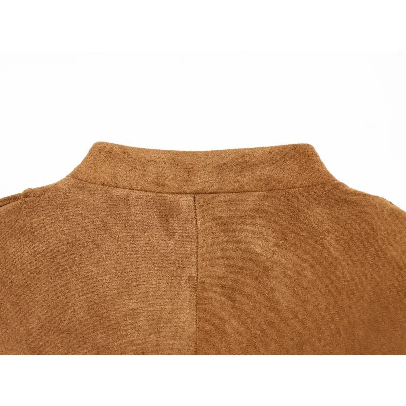 2026 Neue Damen Kunstwildleder Kurze Jacke Einreihig Langarm Epauletten Tasche Schmal Geschnitten Unregelmäßiger Saum Vintage Militärstil – Detail 12