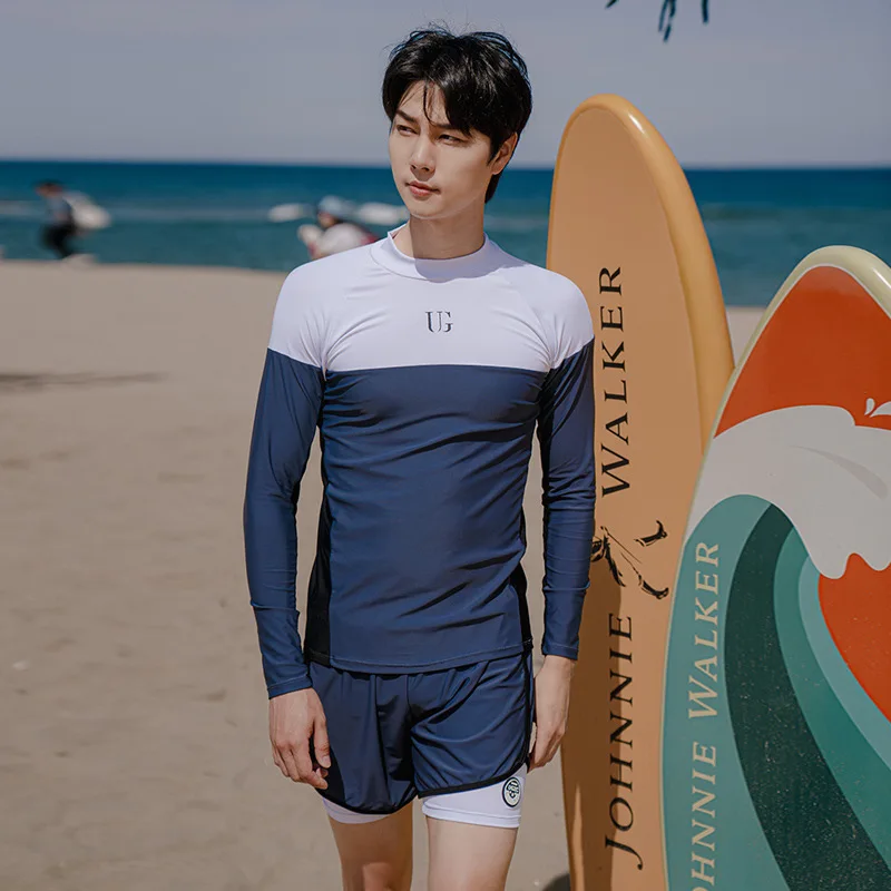 

Men's 2pcs/set Rash Guard Long Sleeve, UV/Sun Protection Swim Surf Shirts Trunks Water Beach Surf Swimsuit Top+Bottom Tracksuit