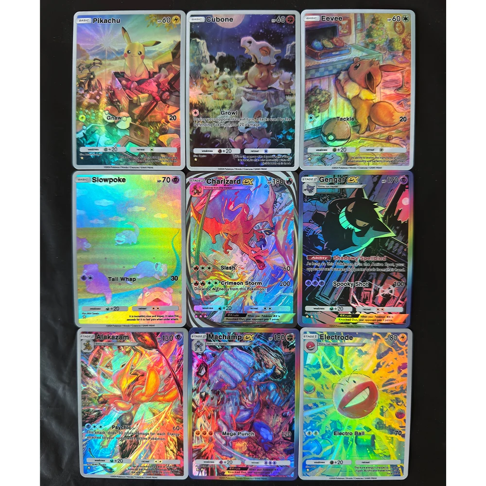 9Pcs/set PTCG Collection Card Anime Eevee Charizard Gengar Ex Alakazan Machamp Refractive Embossed Flash Color Flash Card Gift