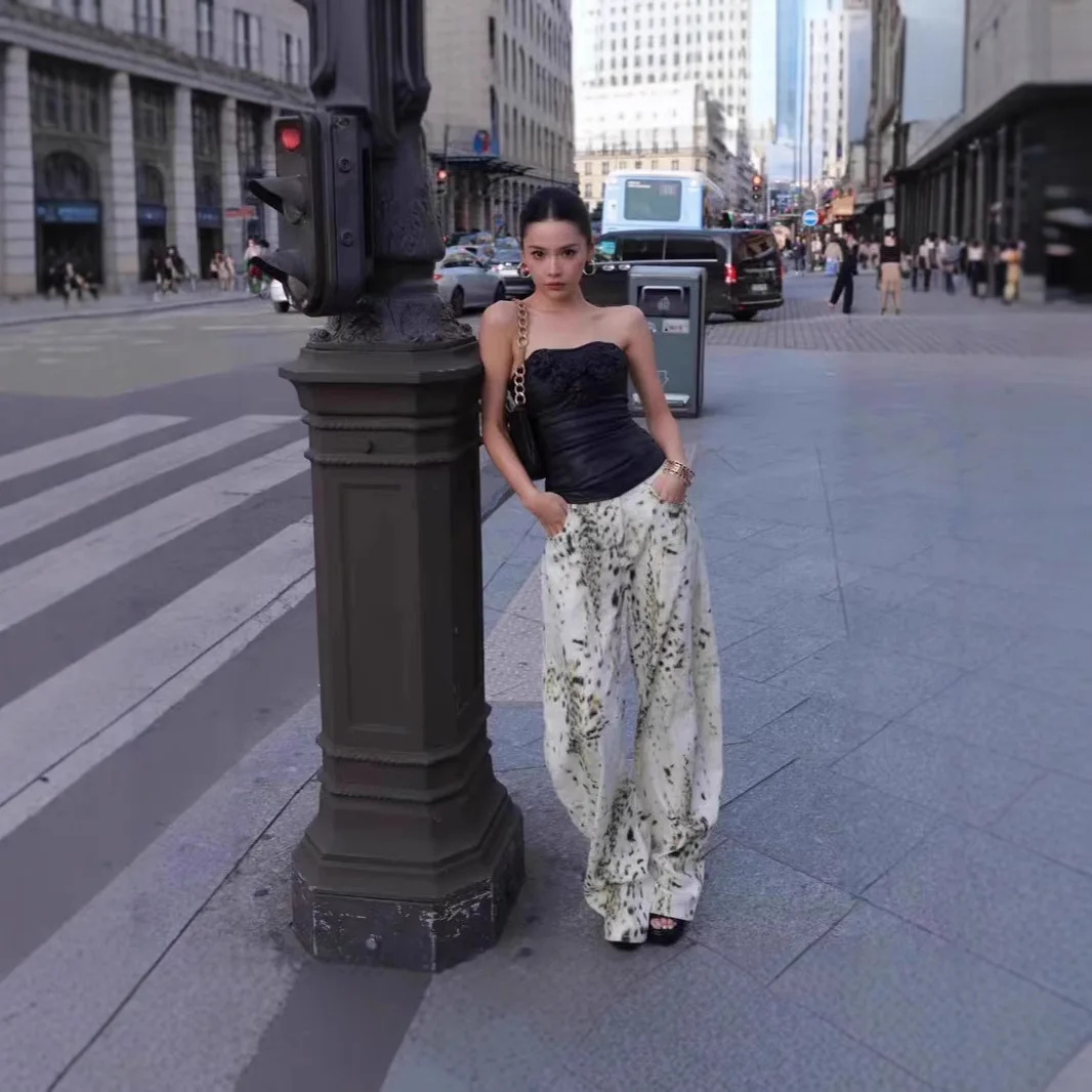 LIONESS washed leopard print loose casual wide-leg jeans for women, high-waisted hot girls, slimming straight floor-length pants