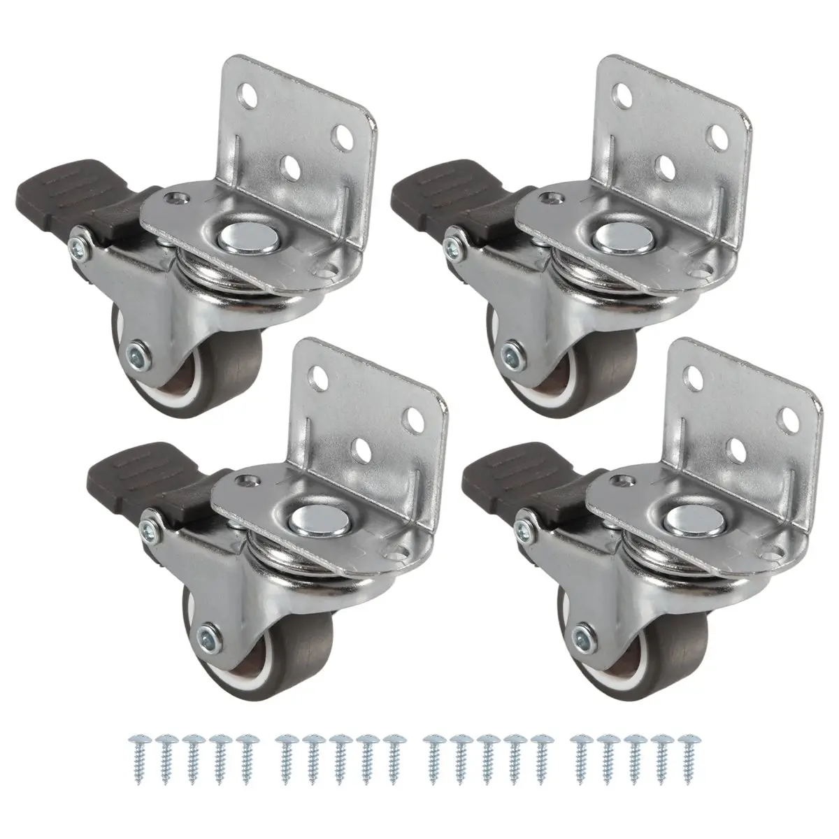 DT17 Side Mount Casters Set of 4 with Brake, L-Shape Plate Small Wheels for Furniture Cabinet, 1 Inch TPR Swivel Casters