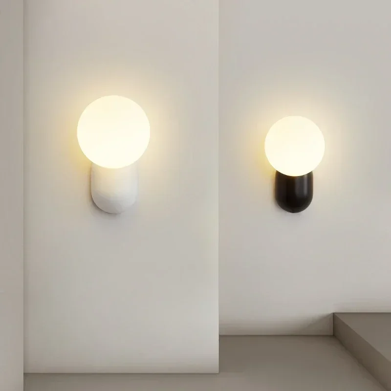

Small Cream Minimalist Bedroom Bedside Wall Lamp Modern Simple Living Room Black White LED Lights Aisle Decorative Wall Sconces