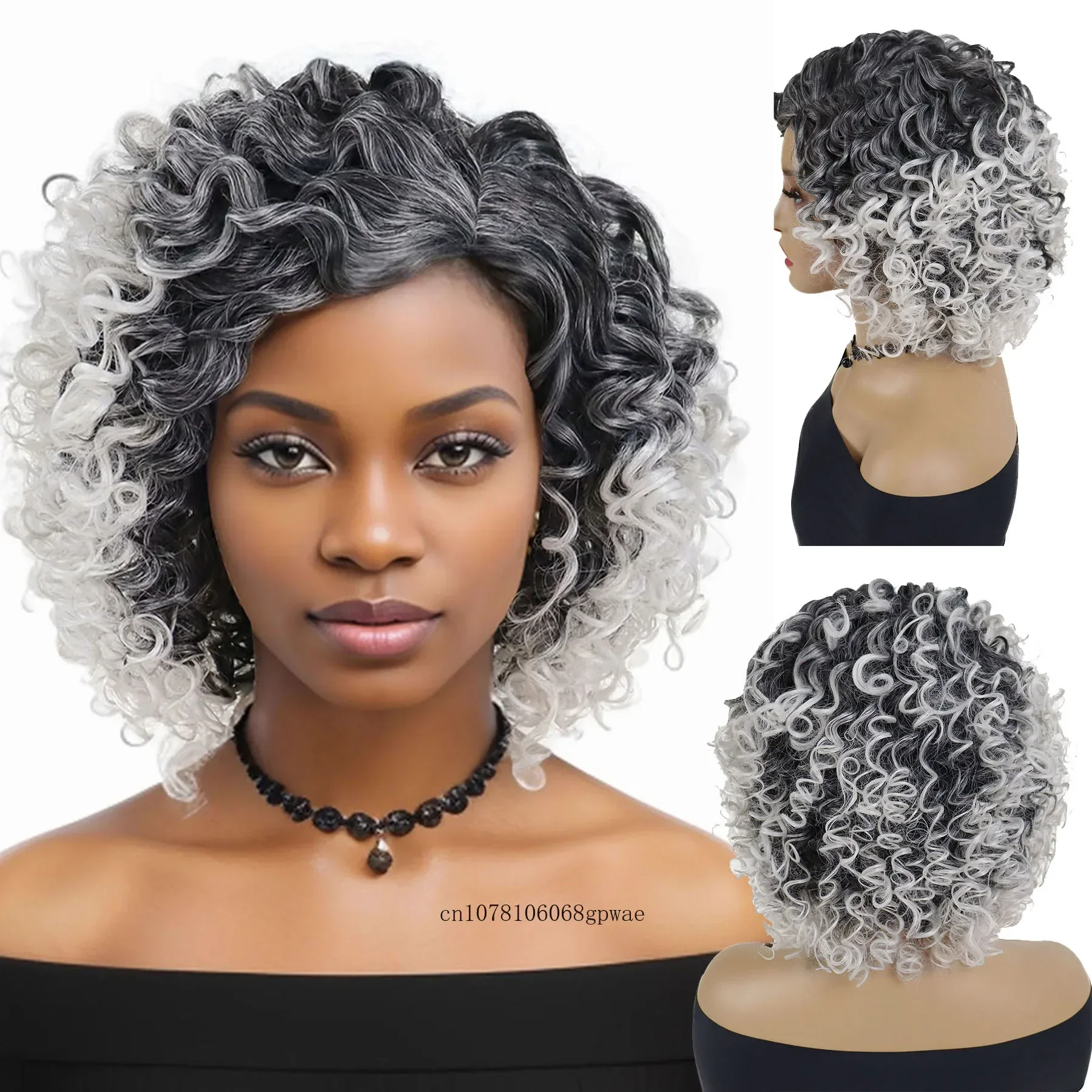 Peluca de pelo sintético para mujer mayor, pelucas Afro grises ombré blancas para mujer, peluca corta rizada hinchable con flequillo, disfraz de Cosplay para fiesta diaria