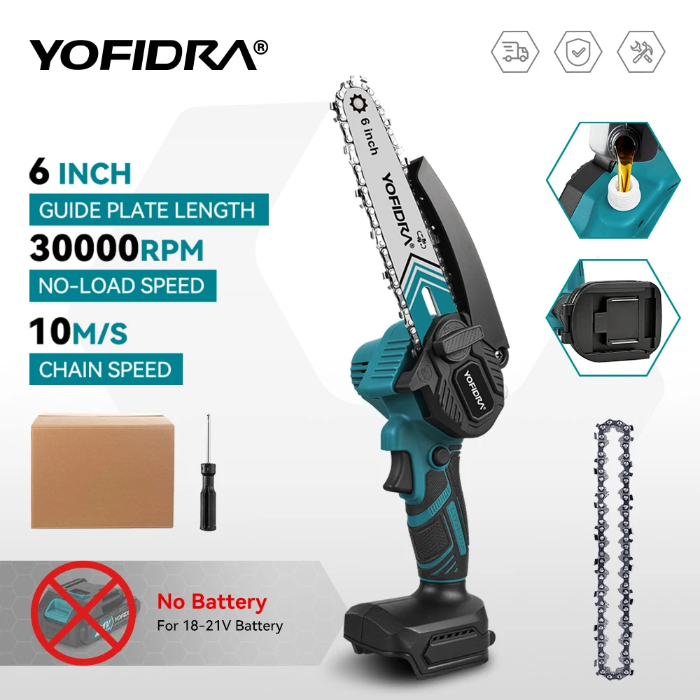 Yofidra 6 Polegada 30000rpm motosserra elétrica portátil jardim carpintaria galhos de árvores cortador ferramenta elétrica para makita bateria pino