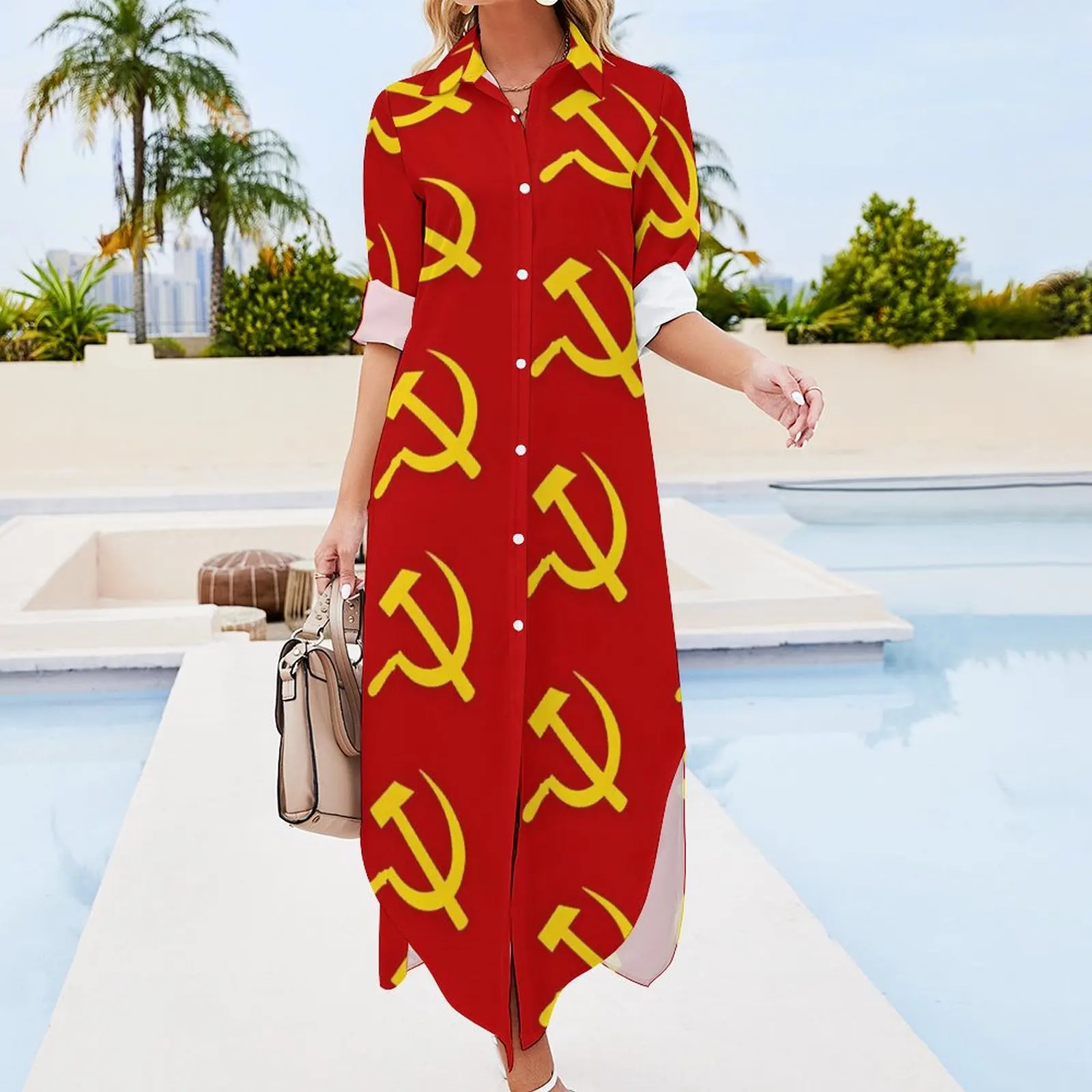 CCCT Yellow Red USSR Casual Dress Hammer and Sickle Russian Soviet Flag Streetwear Dresses Beach V Neck Design Chiffon Dress