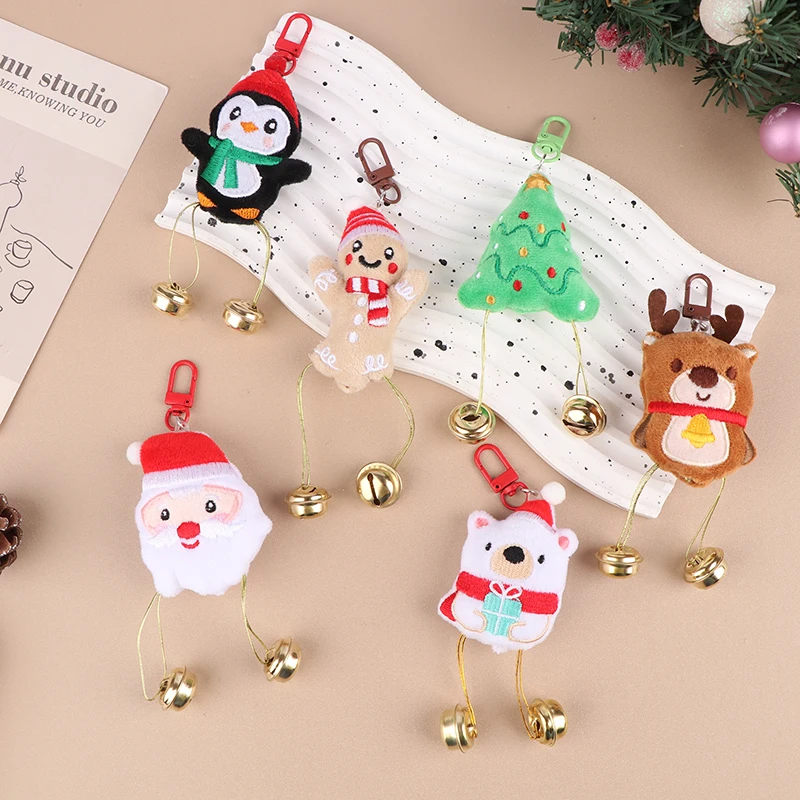 Cute Christmas Plush Bell Keychain Xmas Tree Santa Claus Elk Penguin Plush Doll Keyring Bag Pendant Christmas Hanging Decor