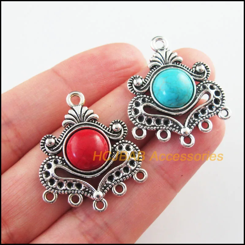 Fashion 6Pcs Retro Tibetan Silver Tone Flower Heart Blue&Red Stone Charms Connectors 26x31mm