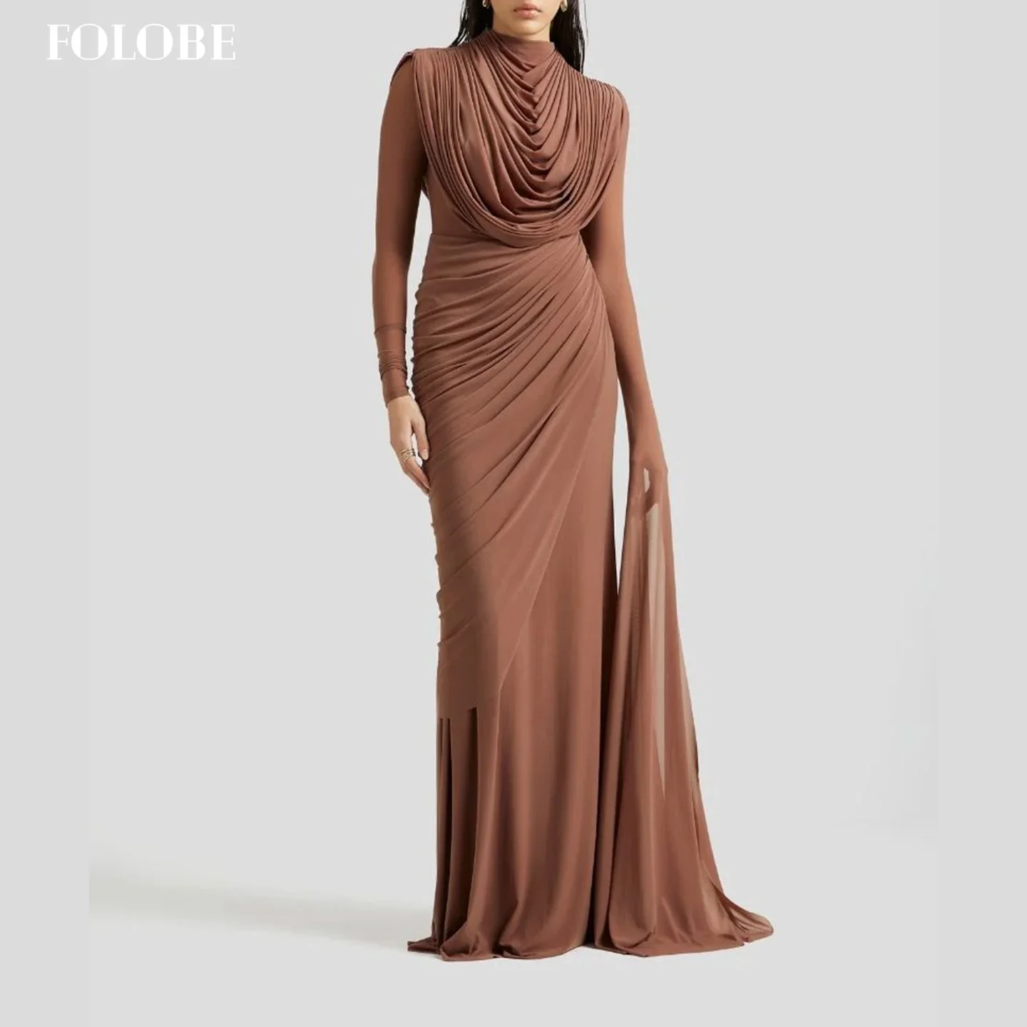 FOLOBE chiffon bruin avondjurk volledige mouwen zeemeermin plus prom feestjurken elegante eenvoudige maxi galajurken op maat