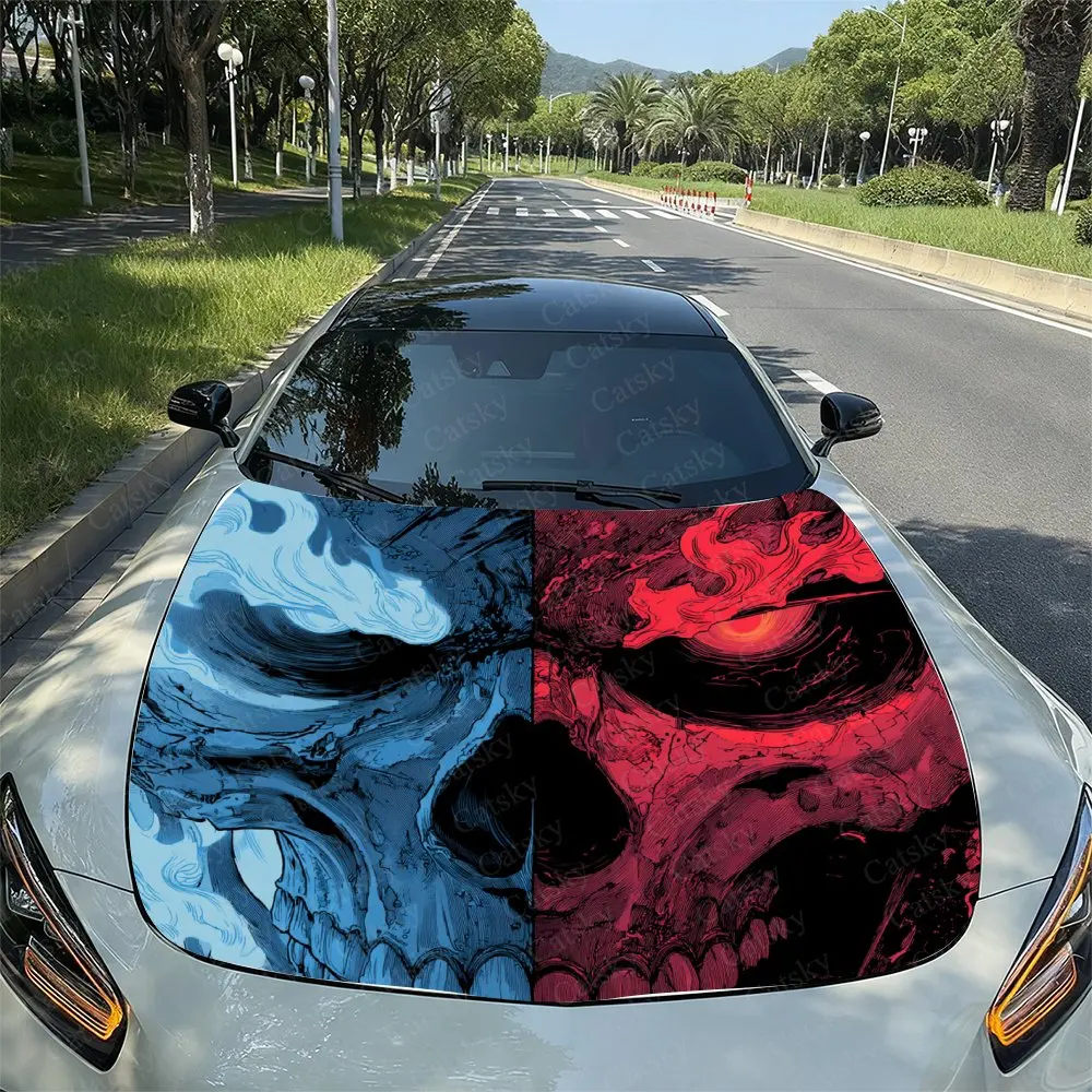 

Red Blue Flame Skull Car Hood Decal Sticker, Durable Car Vinyl Wraps Suitable For Most Vehicles, Car Engine Hood Protective Film