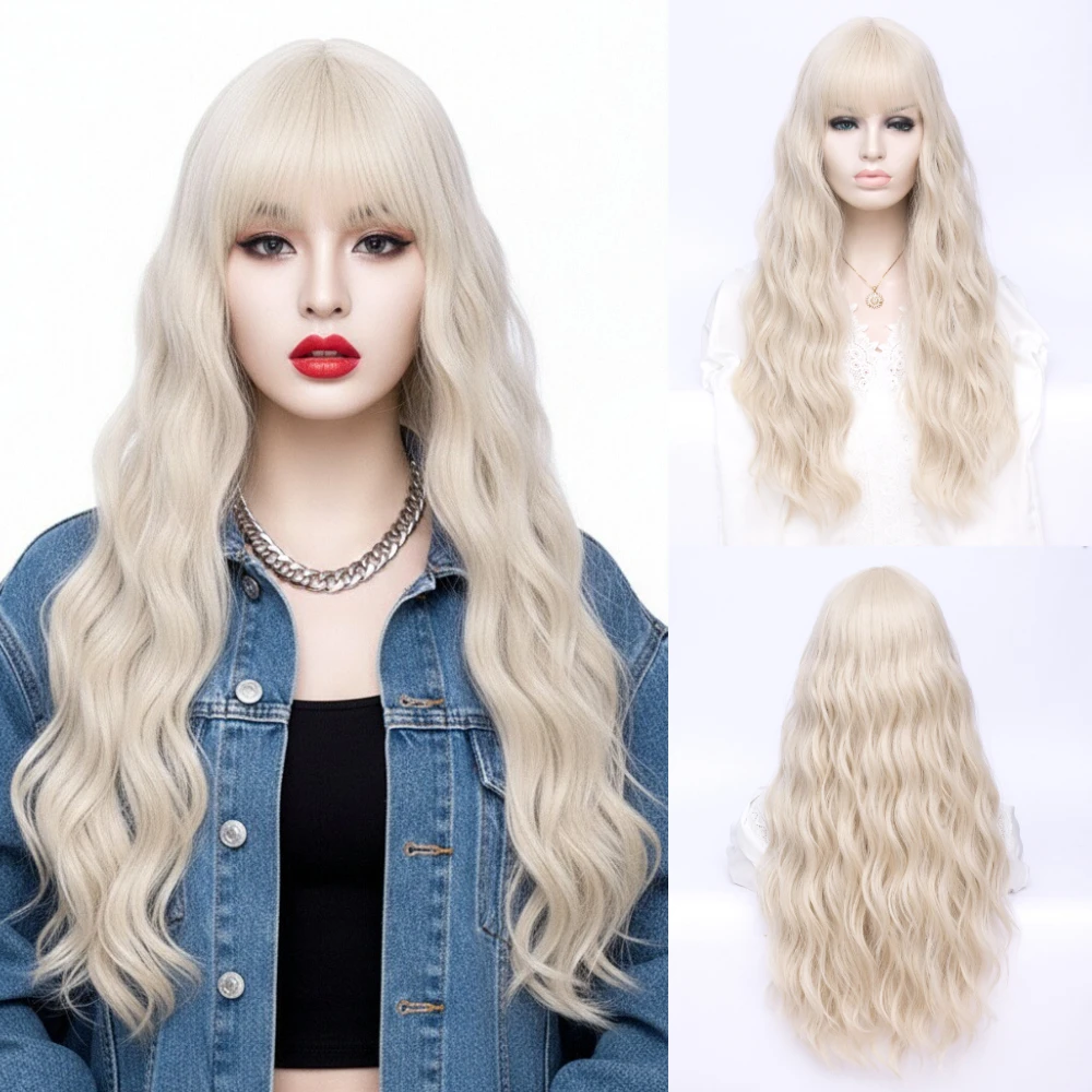 

Women Long Wavy Synthetic Blonde Cosplay Wigs With Bang For Halloween Party Hear Resistant Fiber