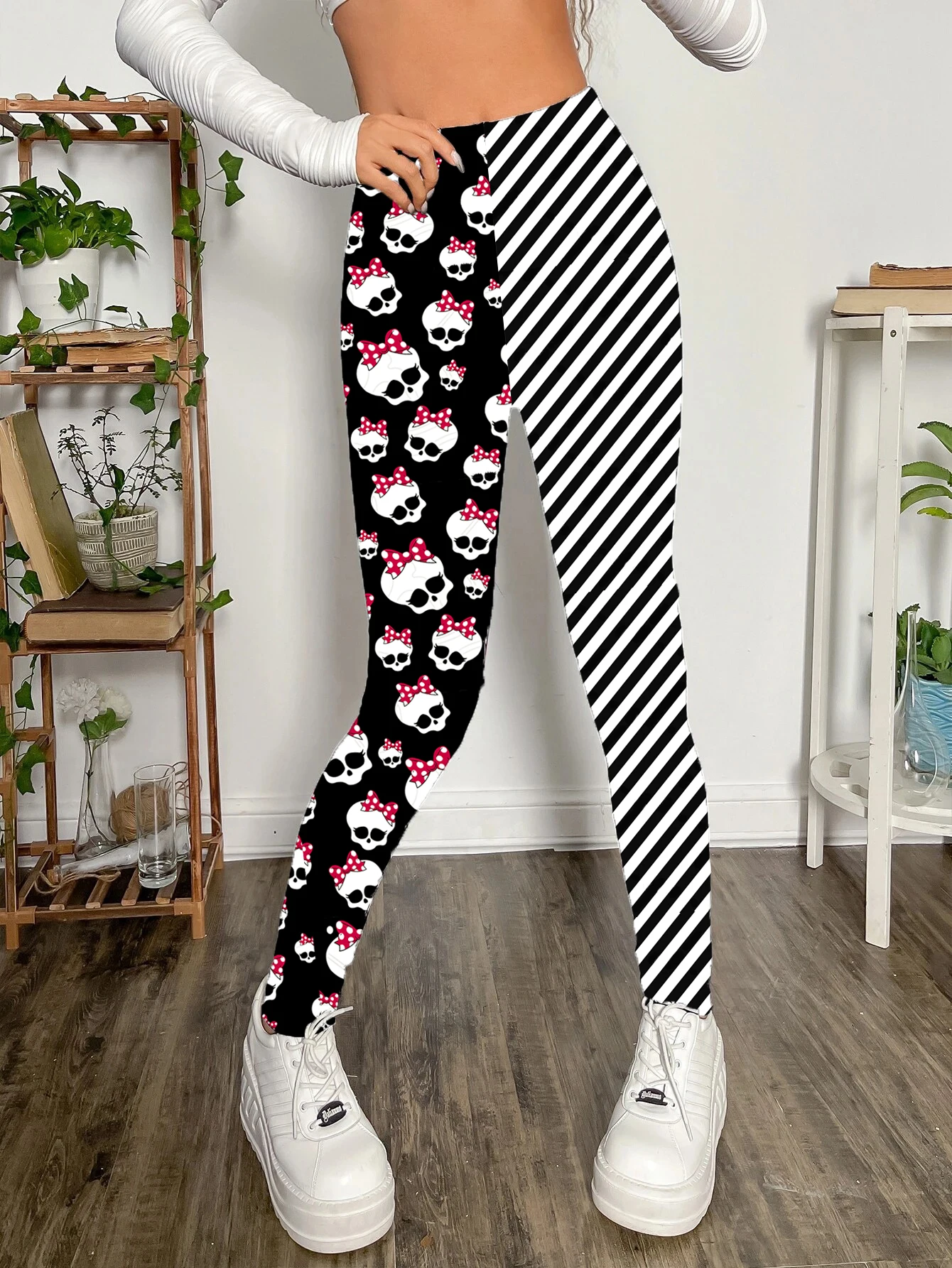 Mallas empalmadas con rayas de calavera estampadas digitales, medias de moda, pantalones de nueve puntos con estampado de Halloween europeo y americano, nuevo