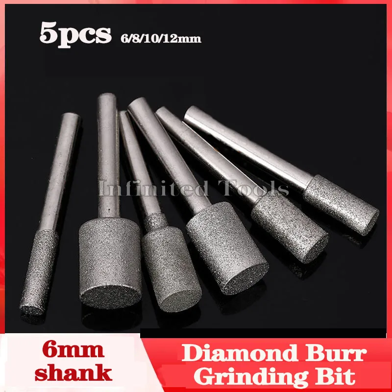 5pcs 6mm Shank 120Grit Cylinder Diamond Burr Grinding Bit Stone Jade Carving Grinding Engraving Drill Bit Dremel Rotary Tools