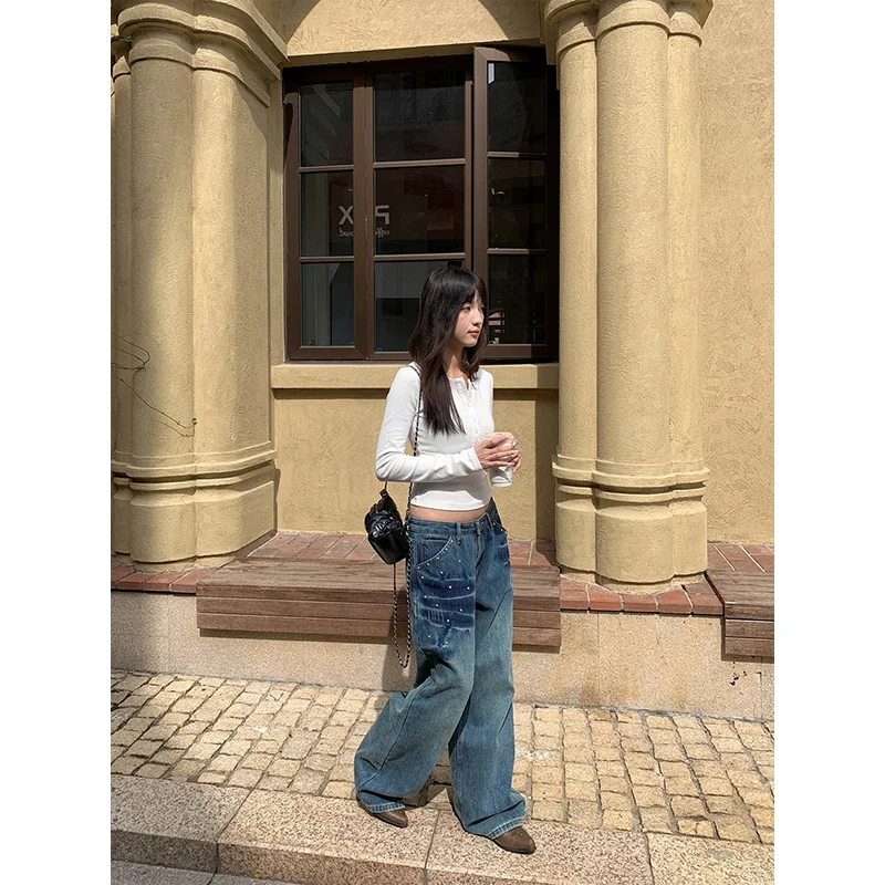 Benuynffy 2025 Autumn Winter American Vintage Riveted Velvet Jeans Women's Casual Streetwear Loose Thicken Wide Leg Pants