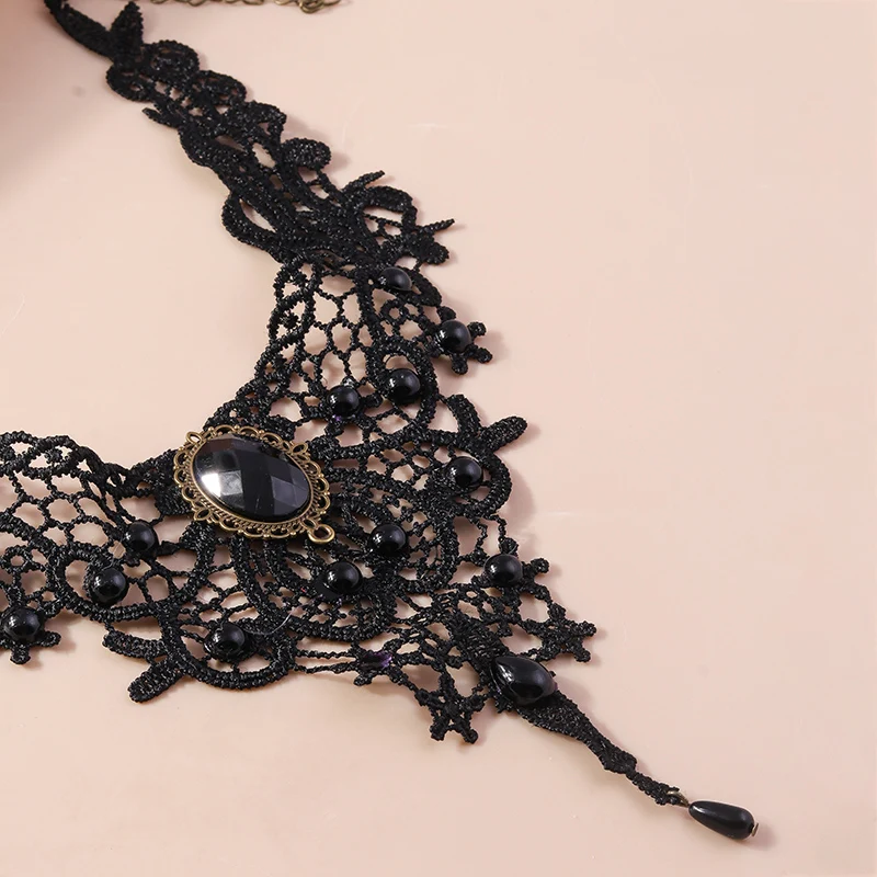 Gothic Victorian Black Lace Necklace for Women Water Drop Sexy Lace Choker Necklace Steampunk Collar Vintage Statement Jewelry