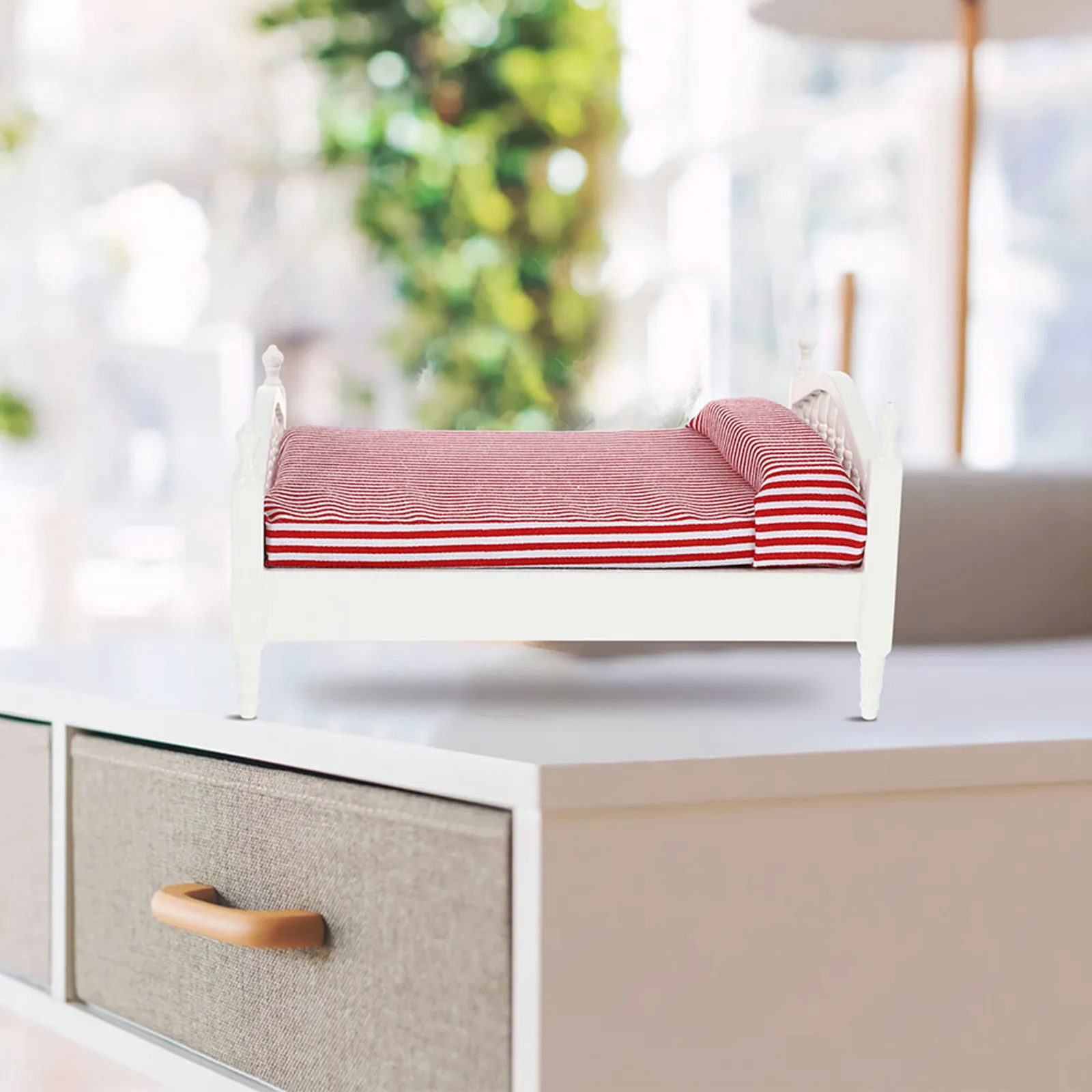 Miniature Double Bed for Dollhouse – Smooth Wood, Lifelike Detail, Portable Compact Mini Furniture Set
