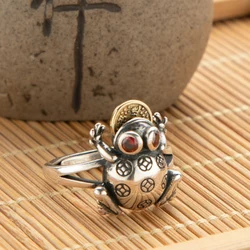 Unique Design Gold Toad Rings for Women 925 Silver Vintage Ethnic Style Red Crystal Copper Coin Ring Adjustable Opening Jewelry