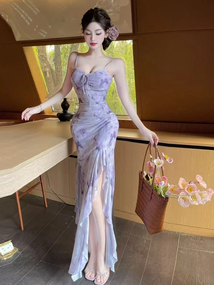 Sweet Spicy Floral Tie-Detail Halter Dress Sexy High Waist Asymmetrical Skirt Sleeveless Women's Fashion Spring Summer Autumn