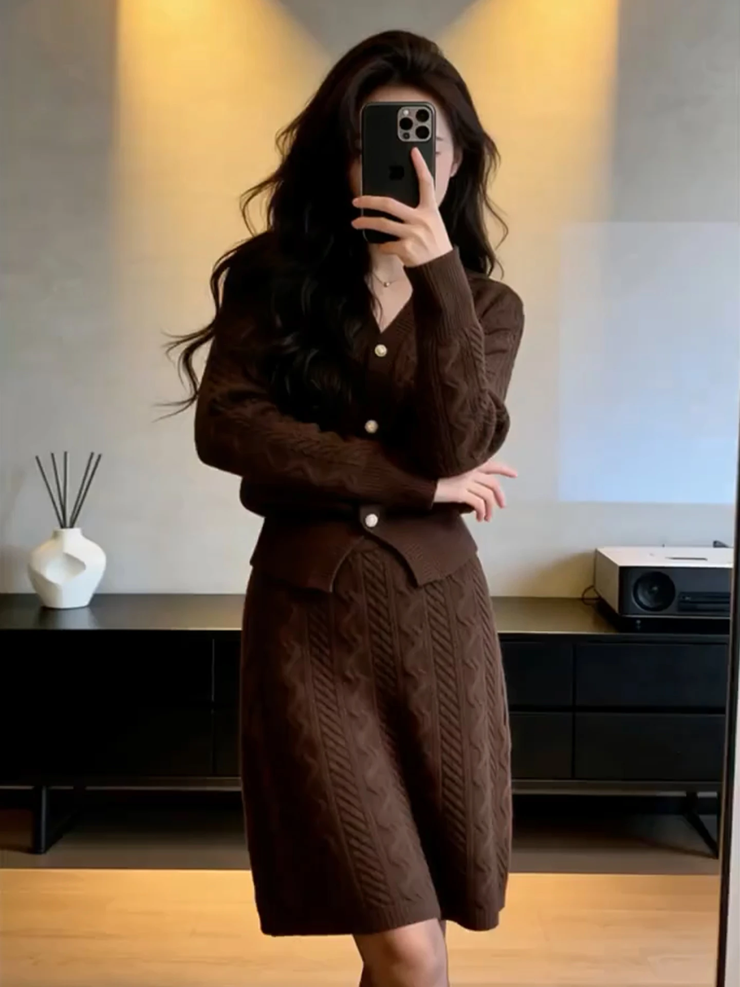 

Retro Knitted ort Dr Women's Spring Faion Sweet Sle A-Line Skirt V-Ne Long Sve Dr Set Ele Ladylike