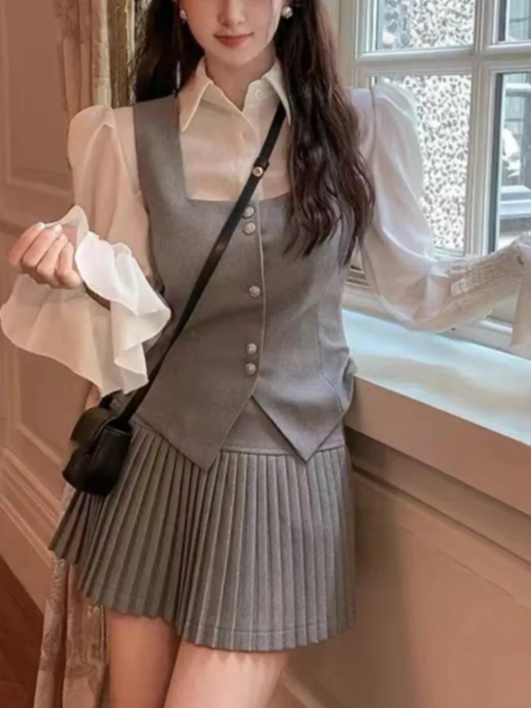 Y2K Sweet 3 Piece Set Women Flare Sleeve Shirt Square Collar Vest Pleated Mini Skirt Autumn Spring Solid Korean Chic Outfits