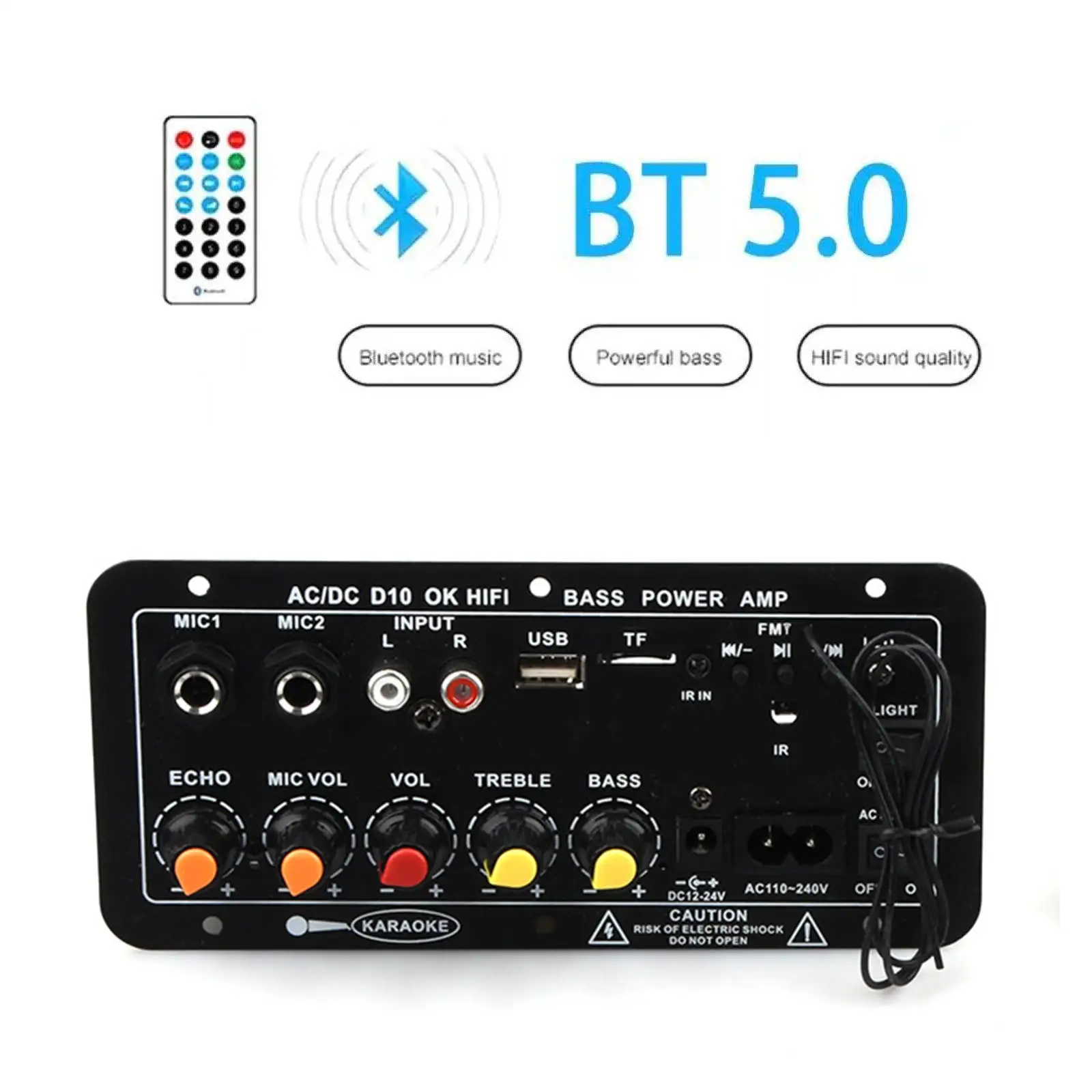 1PC D10 100W Bluetooth 5.0 Amplifier Board USB TF FM Radio Karaoke MIC AUX AC DC 110V 220V 12V 24V for Home Car