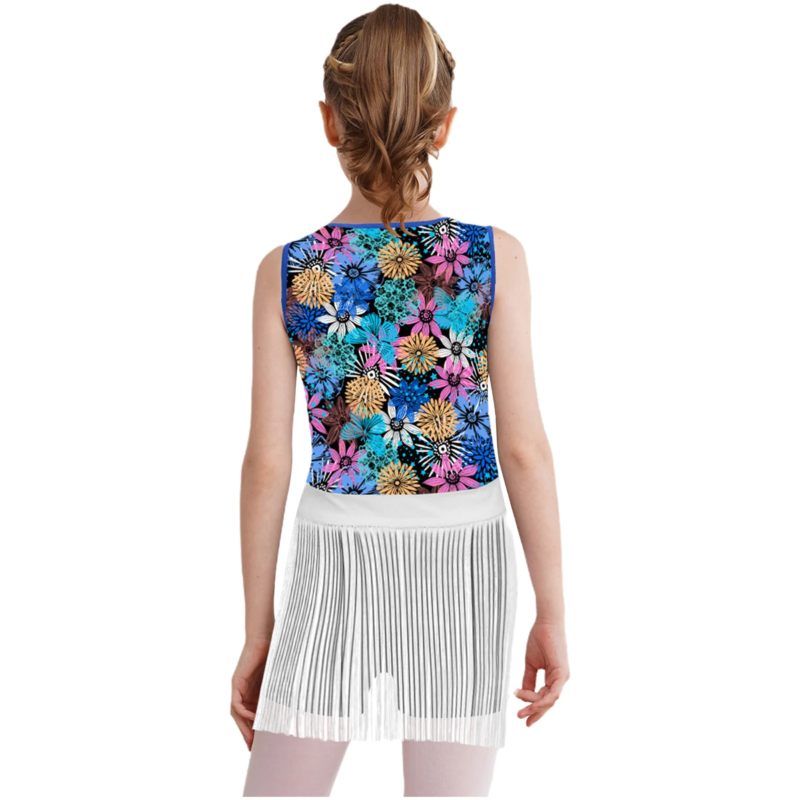 2 uds niñas danza moderna Salsa latina salón de baile Cha traje de baile estampado Top corto con flecos camiseta sin mangas Top de baile con pantalones cortos