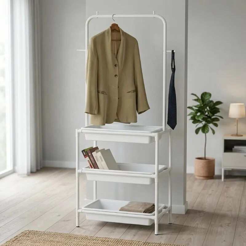 Modern Freestanding Hanger with 3 Shelves and Hooks, White Plastic, Minimalist Design, Suitable for Bedroom Storage