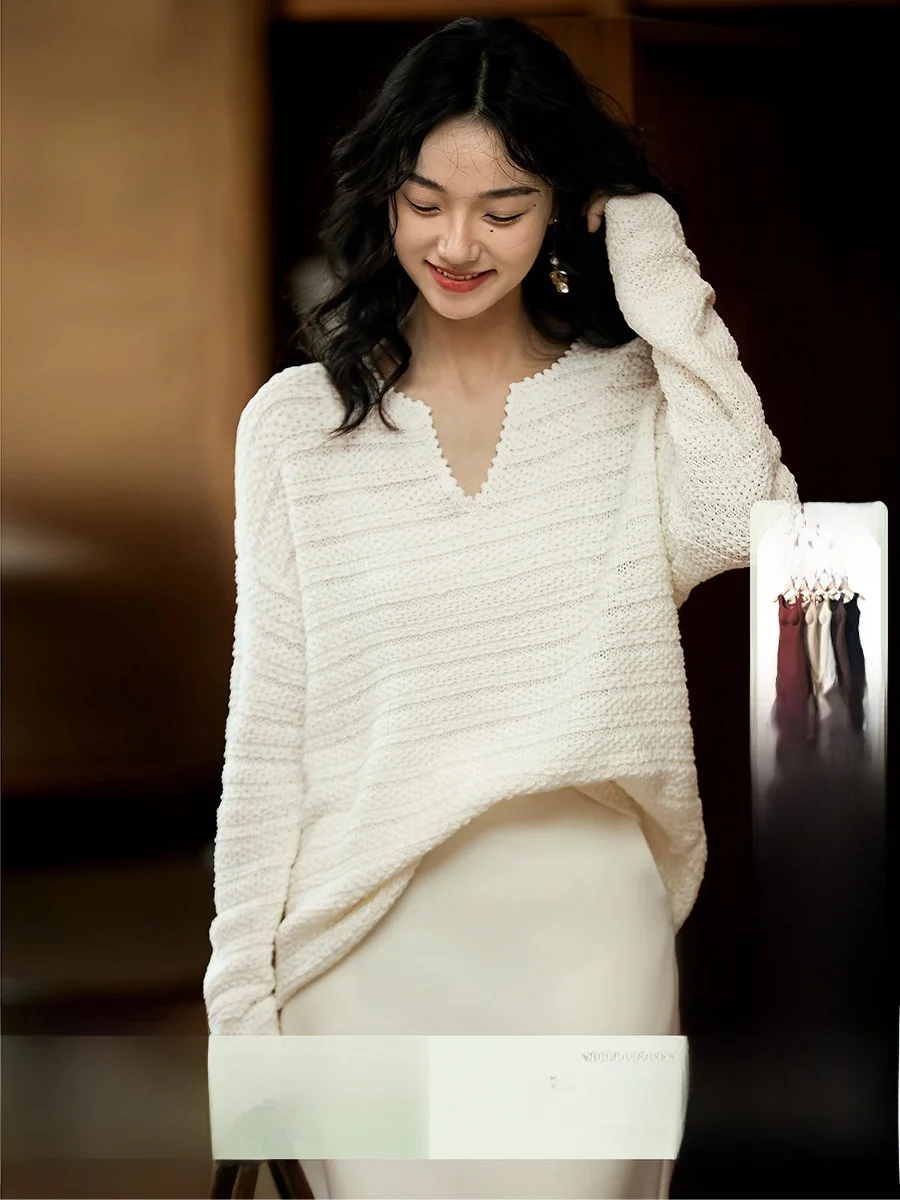 

Slimming Knitted Sweater with Embroidery Hollow out Design Casual Sle Cotton Blend Long Sve V-Ne Knitwear for Women