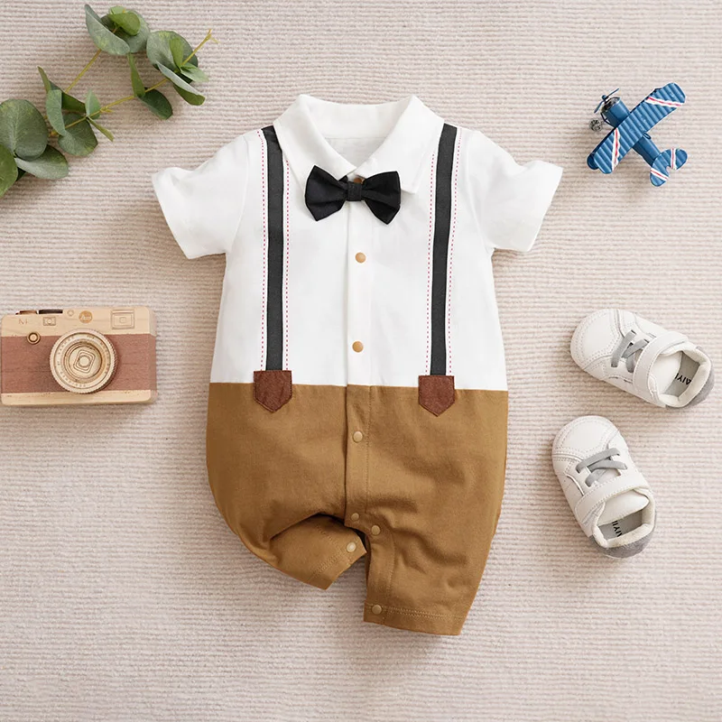 Baby Boys Newborn Jumpsuit Gentlemen's Fake Shoulder Strap Bow Bow Tie Children's Clothing Baby Summer Short Sleeved JumpsuitNew