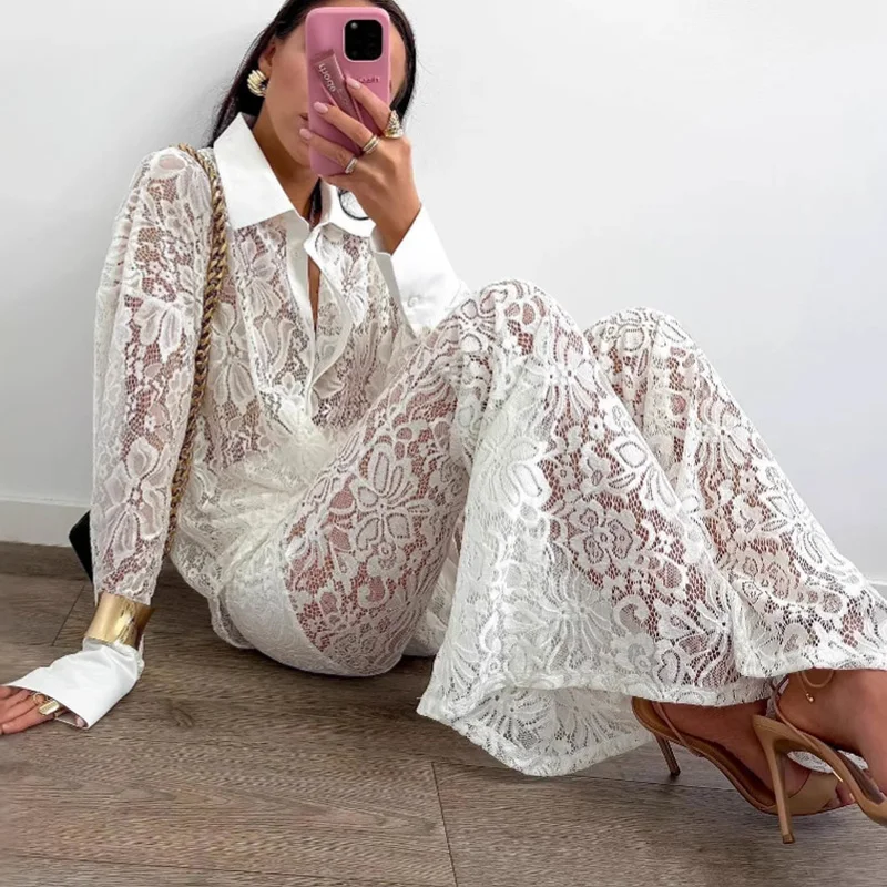

Elegant Lapel Shirt and Long Pant Outfits Women's Casual Long Sleeve Solid Temperament Sets Lace Embroidery Hollow Out 2Pc Suit