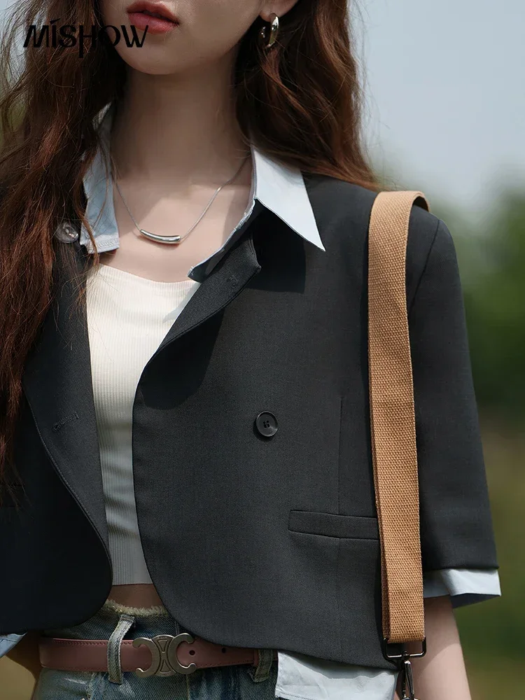 MISHOW Fake Two Short Suit Jackets for Women Summer Three Quarter Single Breasted Turn-down Collar Female Coats MXC33W0016