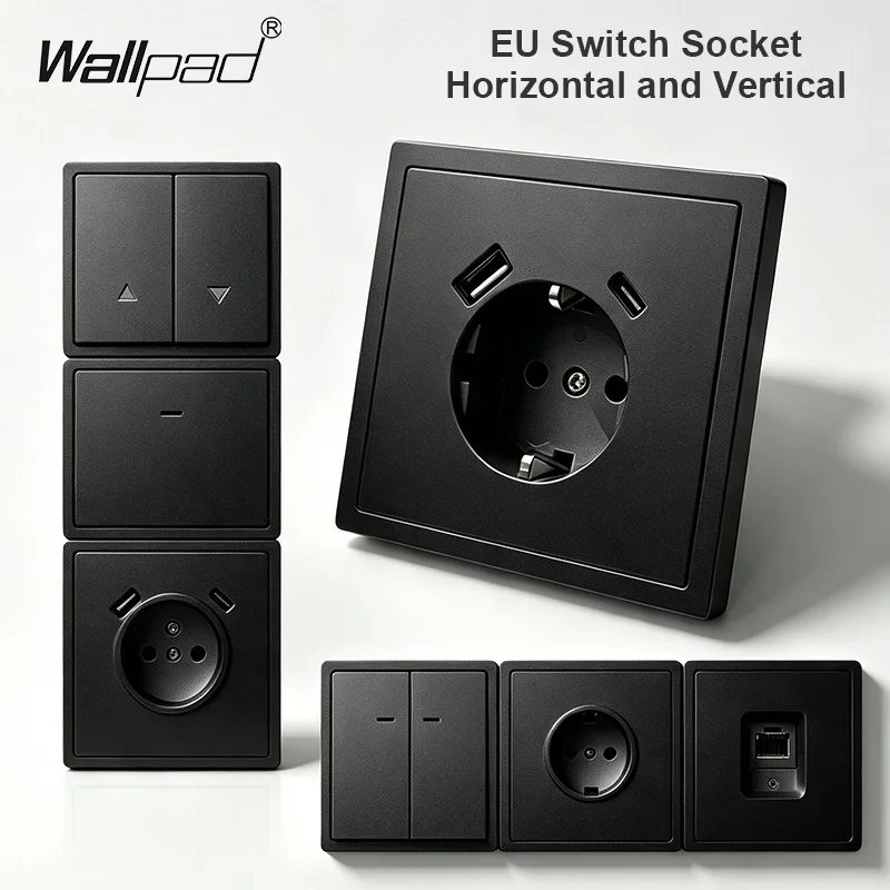 Wallpad EU Standard Cat6 RJ45 Data TV Satellite Wall Socket Black Fireproof PC Panel Classic Design for EU 86 Type Wall Box Home