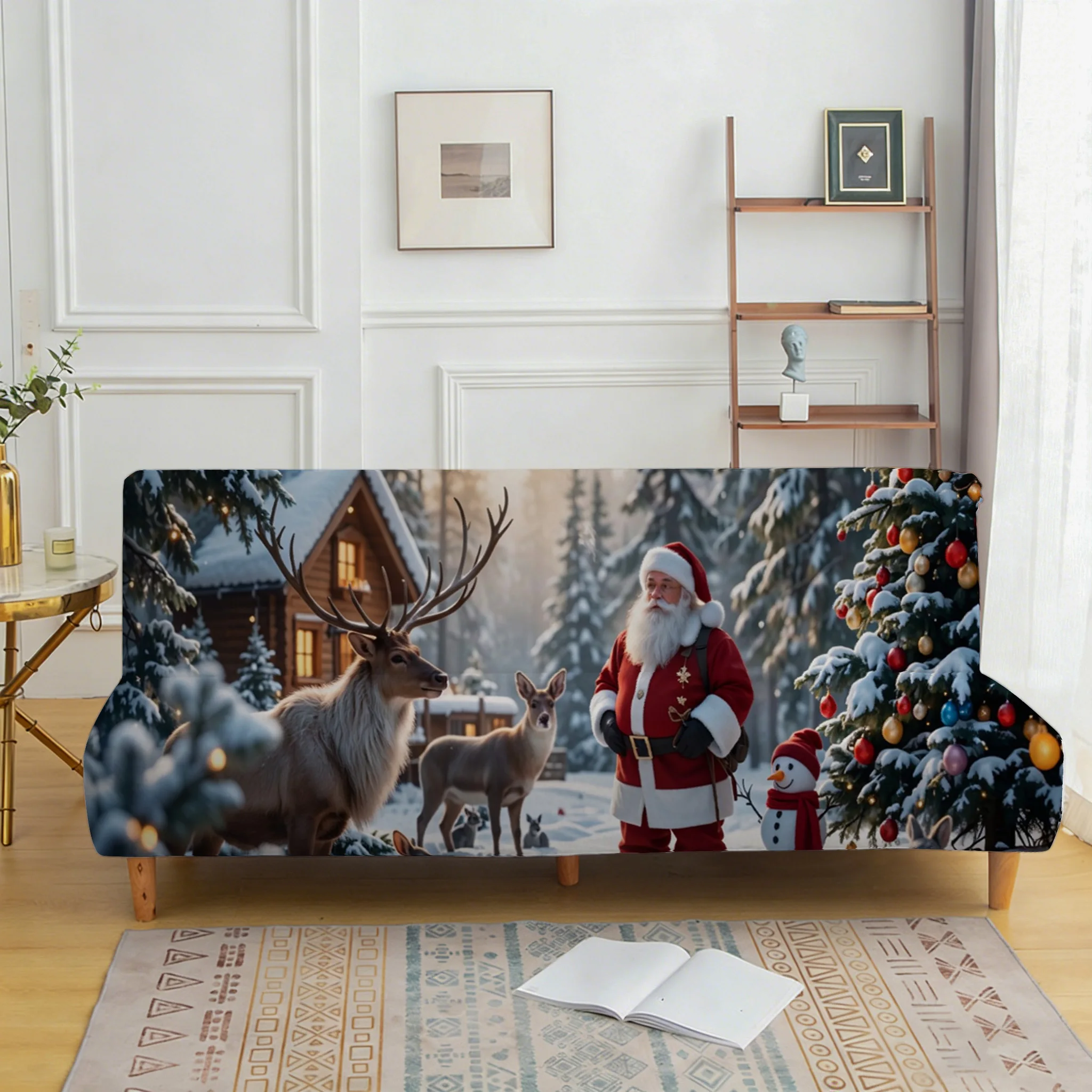 1PC Christmas Santa Reindeer printed elastic folding sofa bed cover, Christmas holiday decoration, for sofa bed without armrests