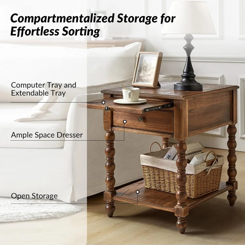 Meja Nakas Kayu Solid dengan Stasiun Pengisian Daya dan Rak yang Dapat Ditarik, Meja Samping dengan Desain Spindle untuk Kamar Tidur, Furnitur Penyimpanan dengan Laci dan Rak