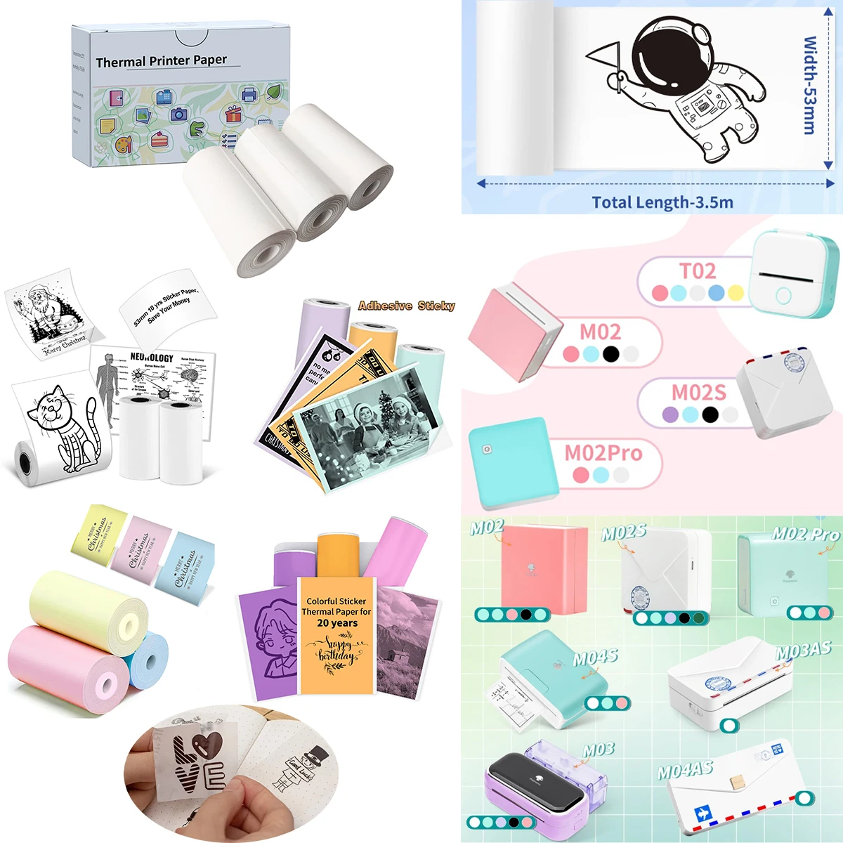 T02 3-Rolls Thermal Stickers Colorful/Self-Adhesive/Non-Adhesive/Transparent Mini Printers Journal/Study/DIY/Gifts/Travel/Party