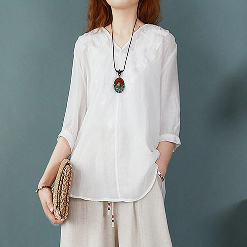 Women\'s Retro Ethnic Style Embroidery Blouse Summer V Neck Short Sleeve Elegant Shirt Solid Loose Tunic Tops Cotton Linen Blusas