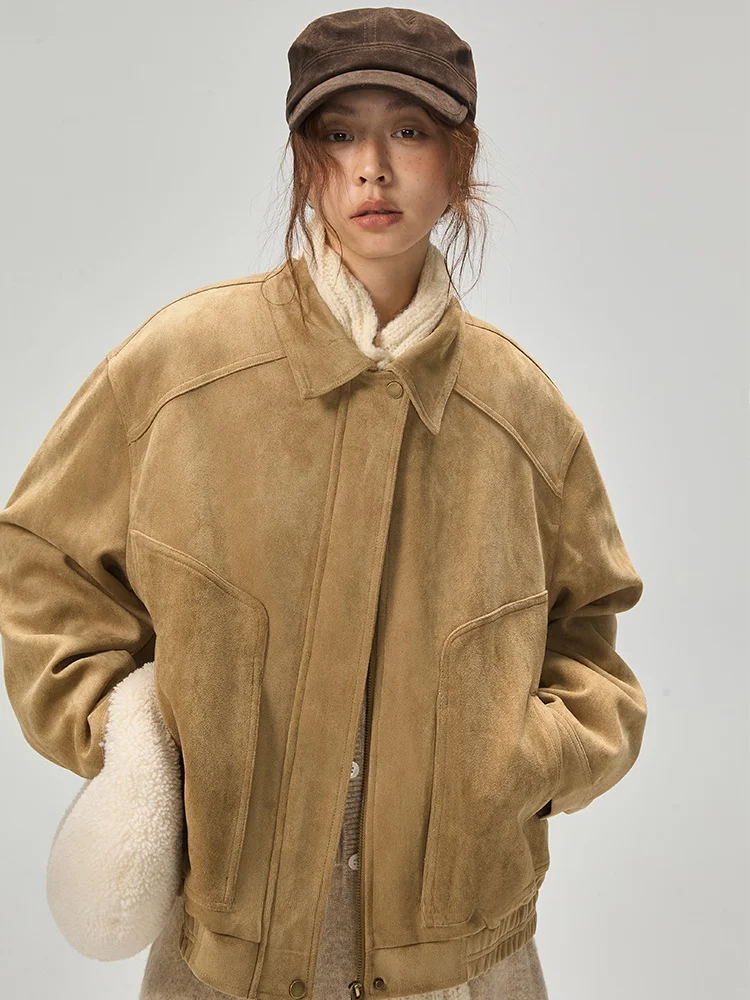 เสื้อแจ็คเก็ตหนังกลับเทียมแบบลำลอง ความยาวสั้น ทรงหลวม ดีไซน์ปกเสื้อแบบลา펠 เสื้อคลุมสำหรับผู้หญิงวัยรุ่น สวมใส่ได้ทุกวัน ปิดด้วยซิป