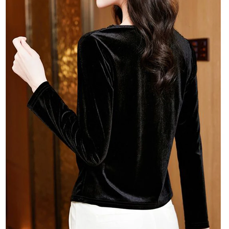 Women French Style Sexy V Neck Ruched Elegant Basic T Shirt Autumn Winter Fashion Vintage Gold Velvet Chic Long Sleeve Slim Tops