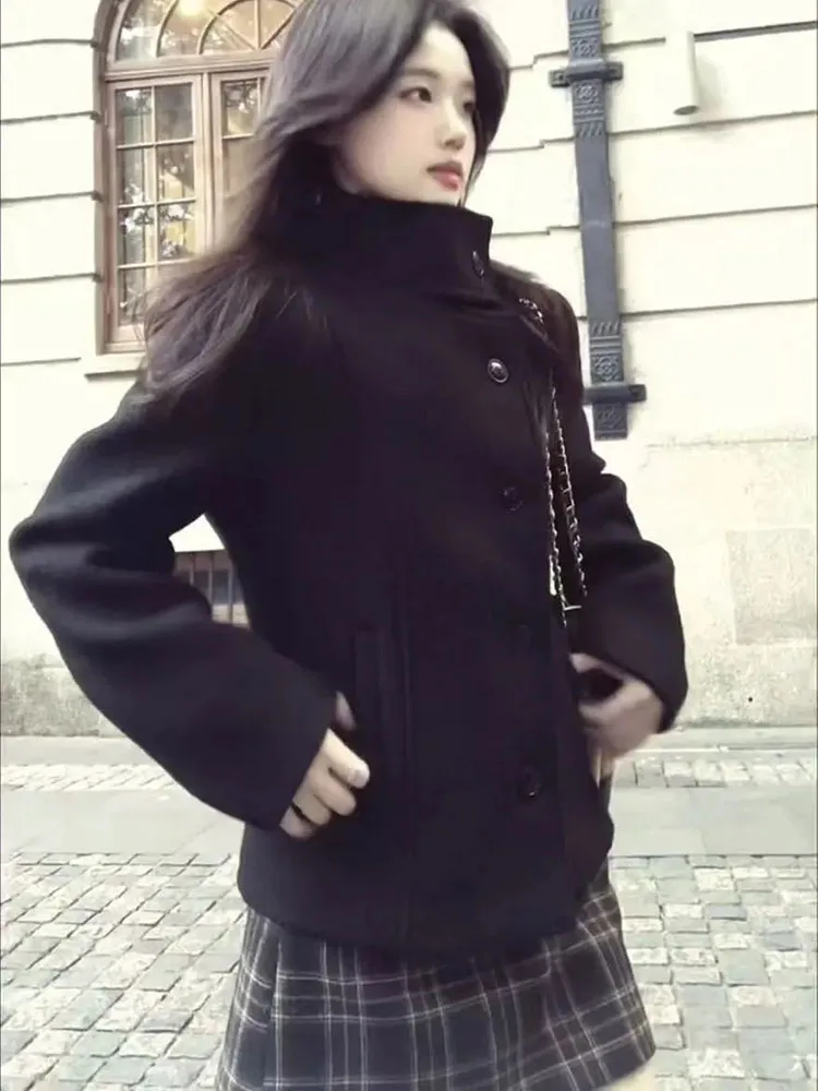 Black Elegant Wool Coats Women Stand Collar Quilted Thick Button Casual Jacket Simple Long Sleeve Slim Fit Office Lady Outwear