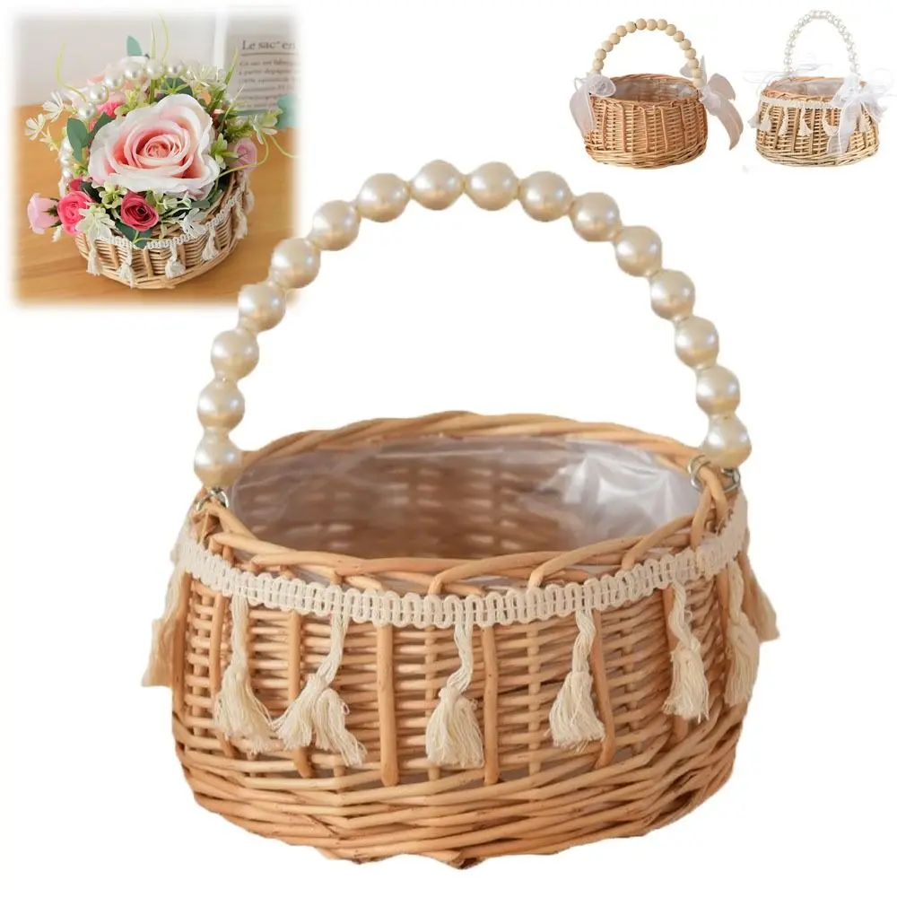 Durable Willow Rattan Flower Girl Baskets Hand-woven With Handle Wedding Flower Basket Picnic Storage Basket