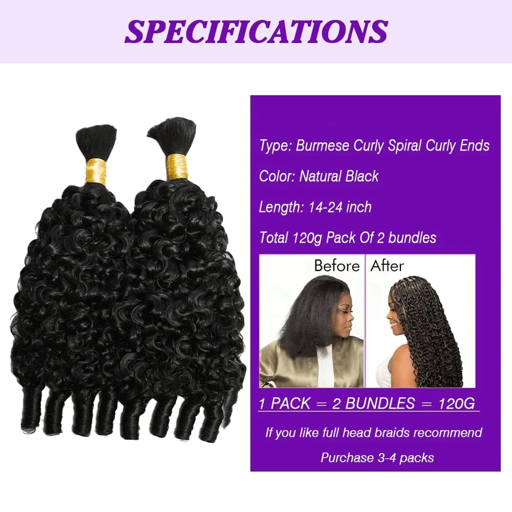 12A Human Braiding Hair for Boho Braids Burmese Curly Spiral Ends Bulk Unprocessed Virgin Hair 1 Bundles/Lot 60g/1Pack Salon-Quality Deep Wave Bulk Human Hair For Braiding